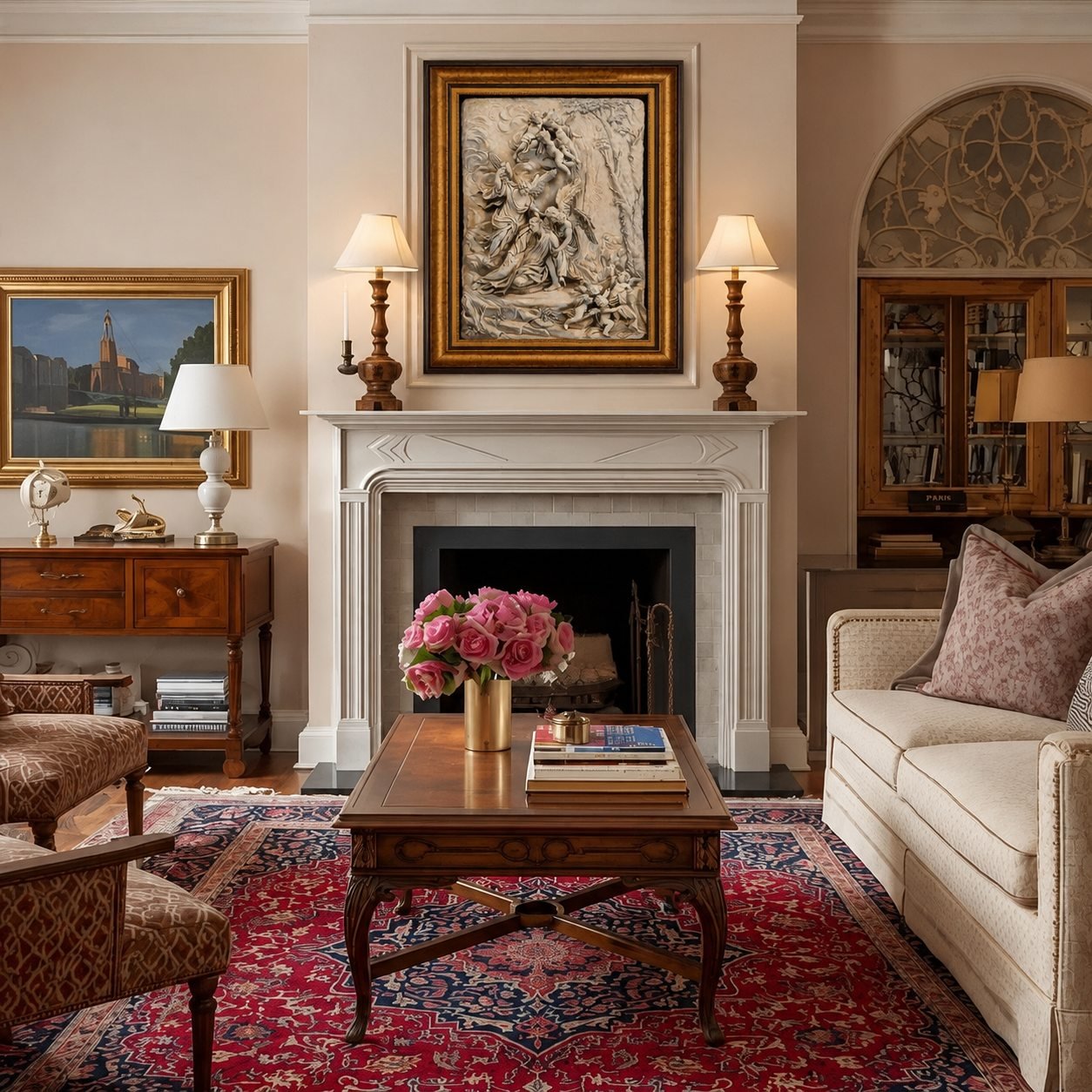 Classical living room with framed wall art and a Persian rug